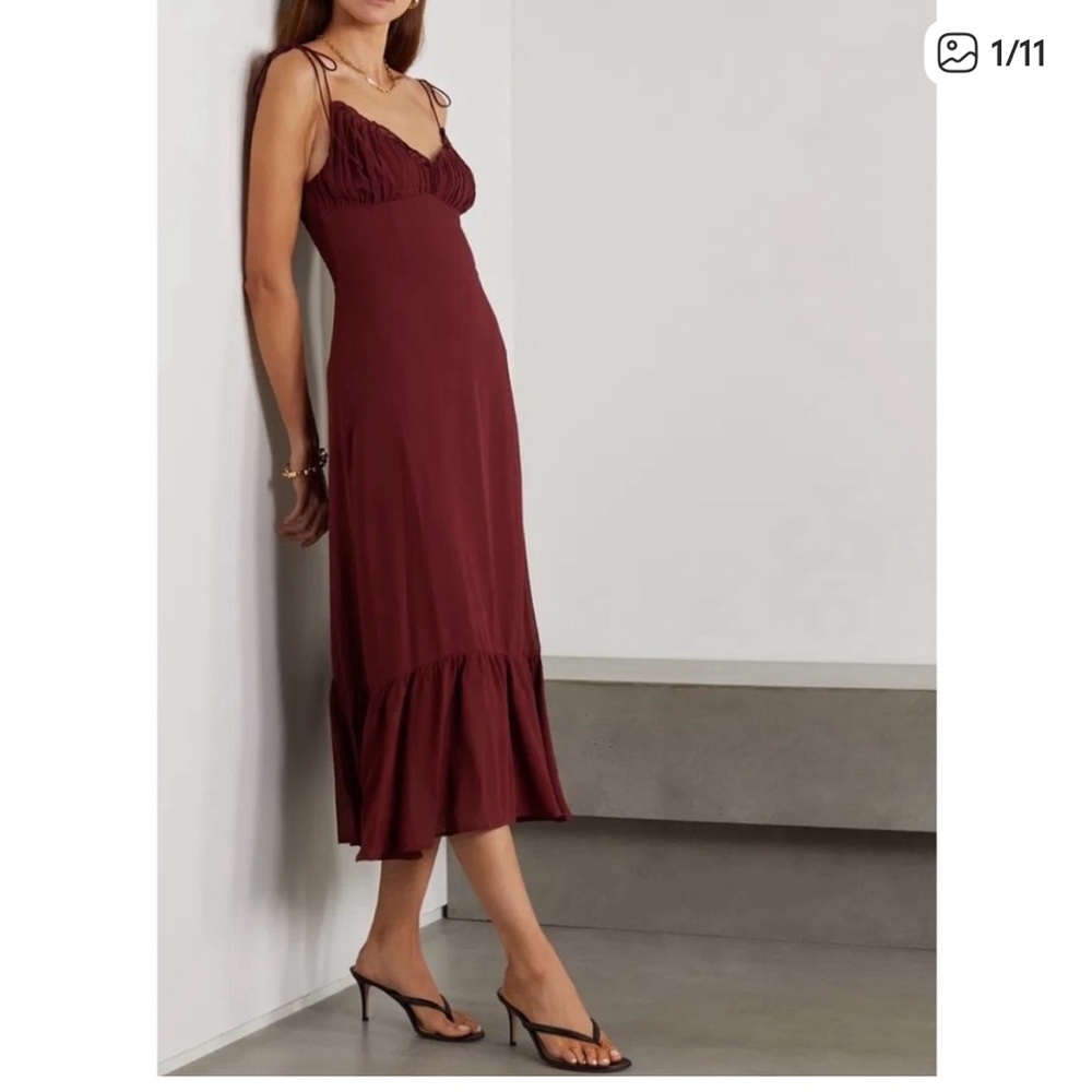 Reformation Embry Ruffled Shirred Georgette Midi Dress Maroon Plum Size 8